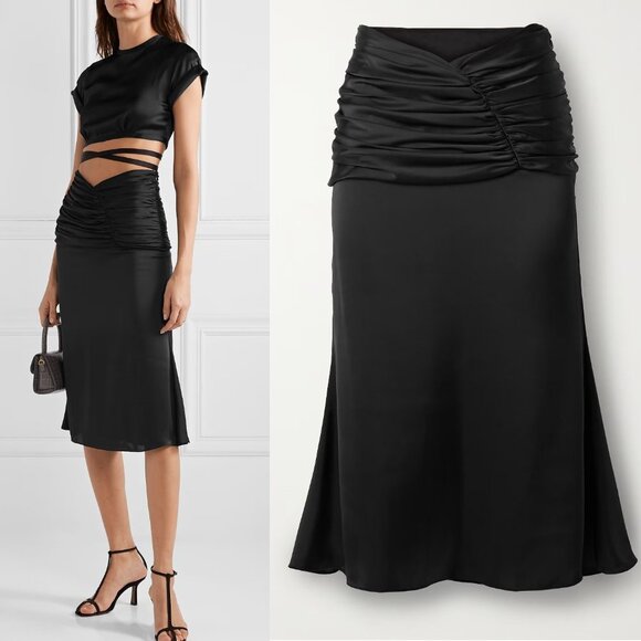 Orseund Iris Romantique Ruched Satin Skirt in Black XS